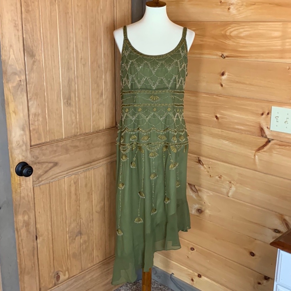 Jones New York green beaded and embroidered silk flapper dress Size 16